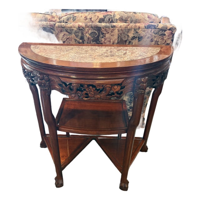Vintage Chinese Carved Hardwood Demilune Console With Marble Top For Sale