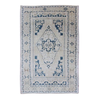 Vintage Hand Knotted Turkish Oushak Rug With Central Medallion in Blue and Cream For Sale