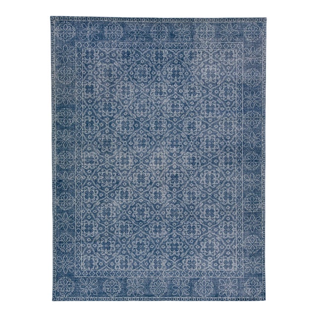 Blue Mid-Century Modern Style Handmade Floral Trellis Motif Wool Rug For Sale