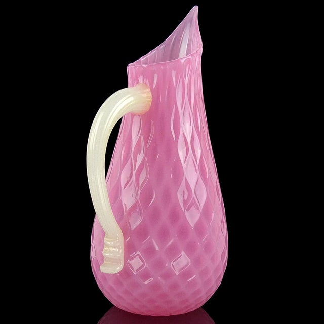 Murano Vintage Pink White Opal Gold Flecks Diamond Quilted Surface Italian Art Glass Pitcher Flower Vase For Sale In Orlando - Image 6 of 12