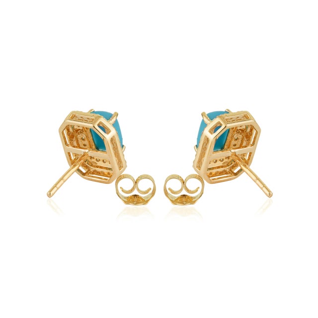 14k Yellow Gold 1.34ct Turquoise Cabochon Diamond Double Halo Stud Earrings- A Pair For Sale - Image 10 of 15