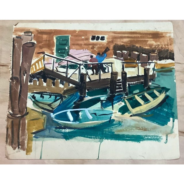 Paper Mid 20th Century Boats in Harbor Painting For Sale - Image 7 of 7
