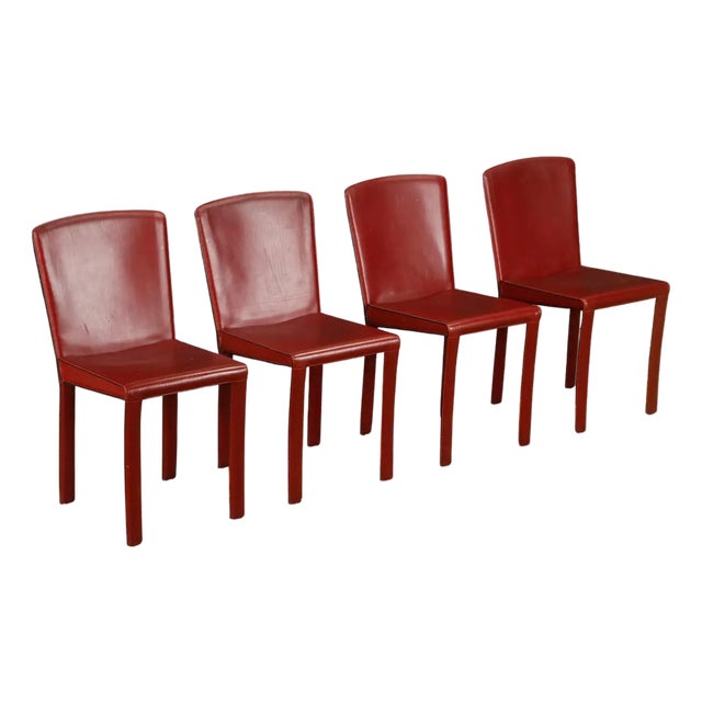 Set of 4 Zanotta Burgundy Leather Dining Chairs, Italy, 1980s, Signed For Sale