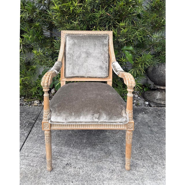 Vintage Italian Neoclassical Carved Wood Armchairs, Newly Upholstered, Pair Offered for sale is an elegant pair of vintage...