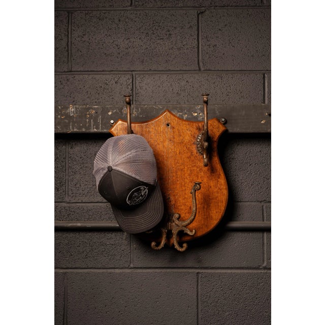 Late 19th Century Victorian Oak Shield Wall Rack With Figural Cast-Iron Hooks For Sale - Image 5 of 5