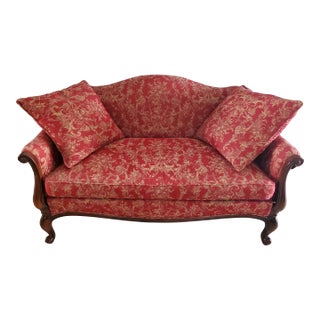 Hickory Chair Louis XV Style Camelback Loveseat Settee in Red & Gold Damask For Sale