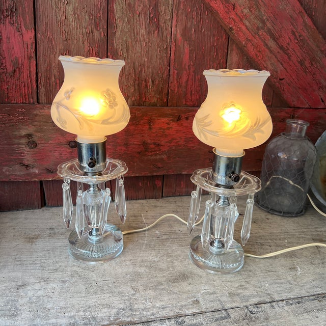 1950s Pair of Vintage Crystal Boudoir Table Lamps With Frosted Floral Glass Shades For Sale - Image 5 of 18