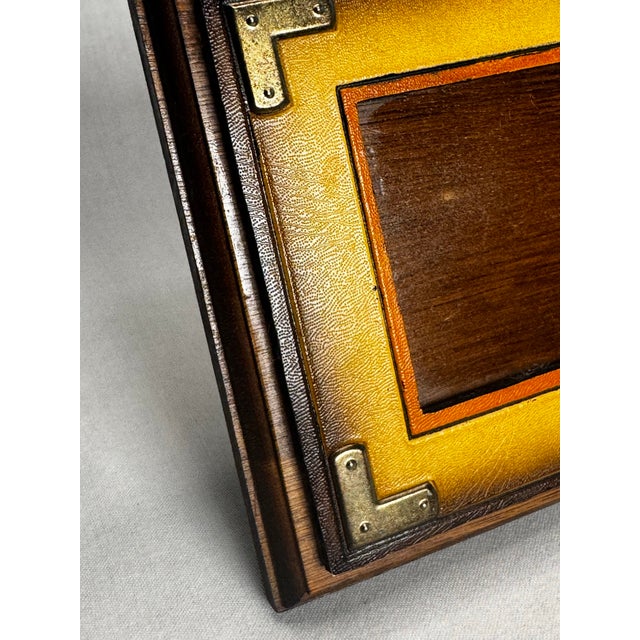 Wood Vintage Hollywood Regency Campaign Style Golden Yellow Leather and Brass Tabletop Picture Frame For Sale - Image 7 of 11