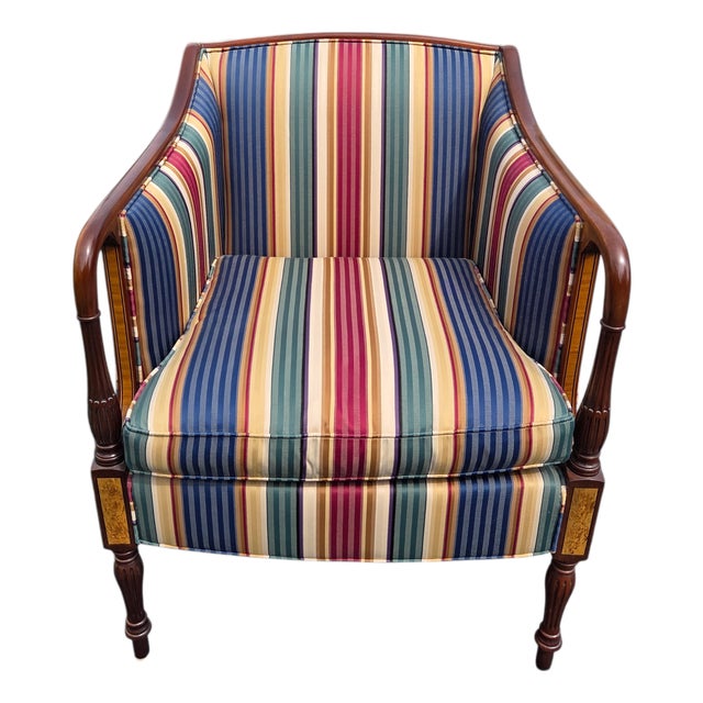 1980s Southwood Sheraton Federal Style Upholstered Inlaid Club Chair Armchair For Sale