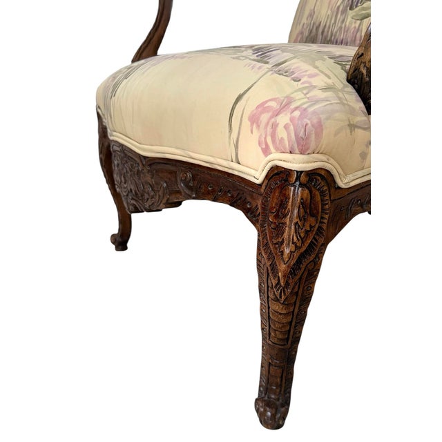 Late 20th Century Pair of French Louis XV Style Carved Accent Chairs Pastel Watercolor Print For Sale - Image 10 of 10