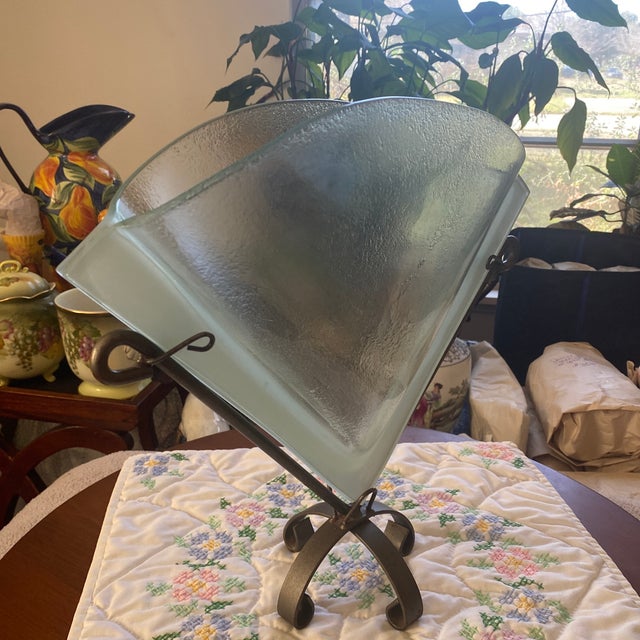2000 - 2009 Studio Art Glass Fan Vase Wrought Iron Stand For Sale - Image 5 of 7