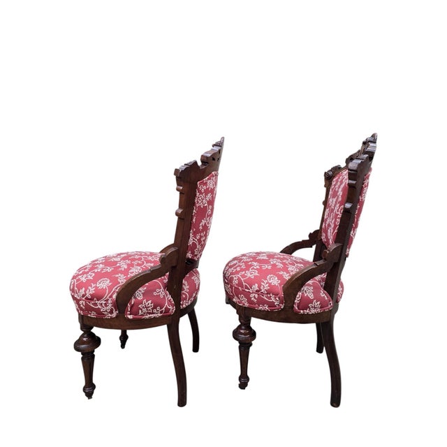 Late 19th Century Antique Victorian Carved Walnut Parlor Chairs - Pair For Sale - Image 5 of 12