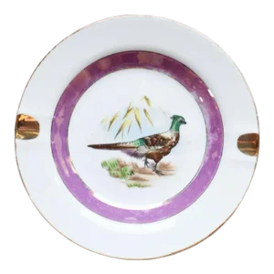 Round Ceramic Pink and Gold Pheasant Ashtray or Trinket Dish - Yoko Boeki Japan