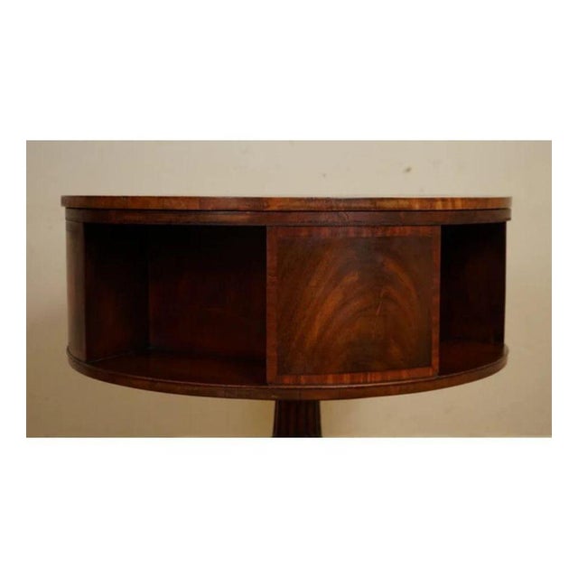 Regency Style Revolving Bookcase Drum Table in Hand Dyed Whiskey Brown, 1940s For Sale - Image 10 of 11