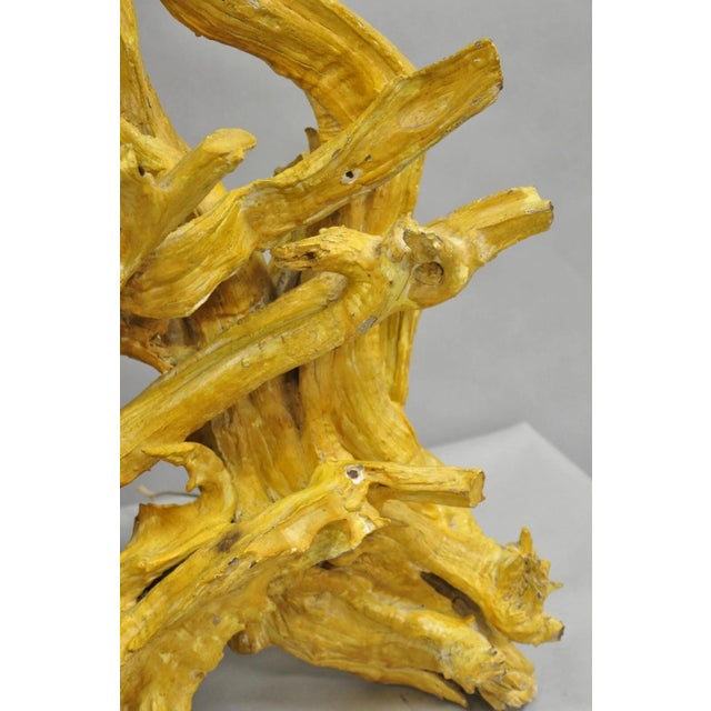Yellow Vintage Mid Century Modern Large Driftwood Yellow Painted Tiki Room Table Lamp For Sale - Image 8 of 12