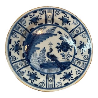 18th Century Delft Platter With Peacock For Sale