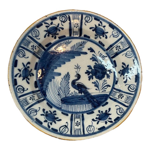 18th Century Delft Platter With Peacock For Sale