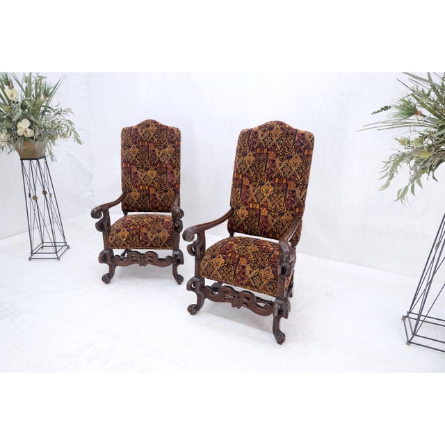 Pair Gothic Oversized Heavily Carved Walnut Arm Chairs Tall Back Thrones MINT! For Sale - Image 11 of 13