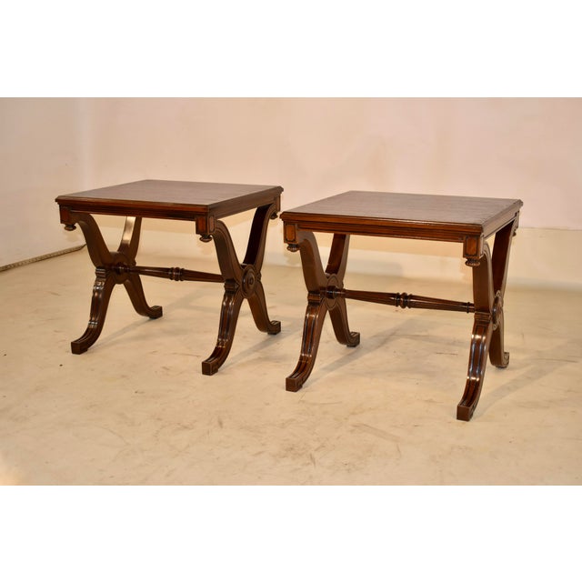 Pair of period Edwardian mahogany side tables from England, circa 1900. This is a fabulous pair of side tables with...