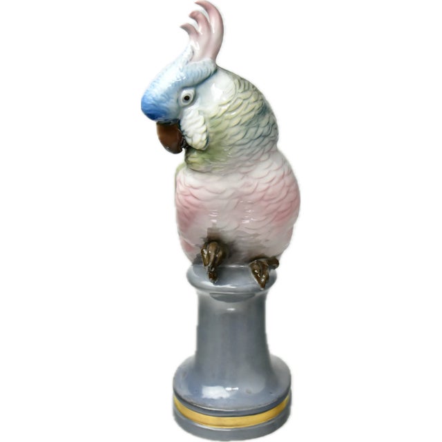Yellow Early 20th Century Porcelain Life-Size Parrot Figures on Pedestals, by Karl Ens, a Pair For Sale - Image 8 of 12