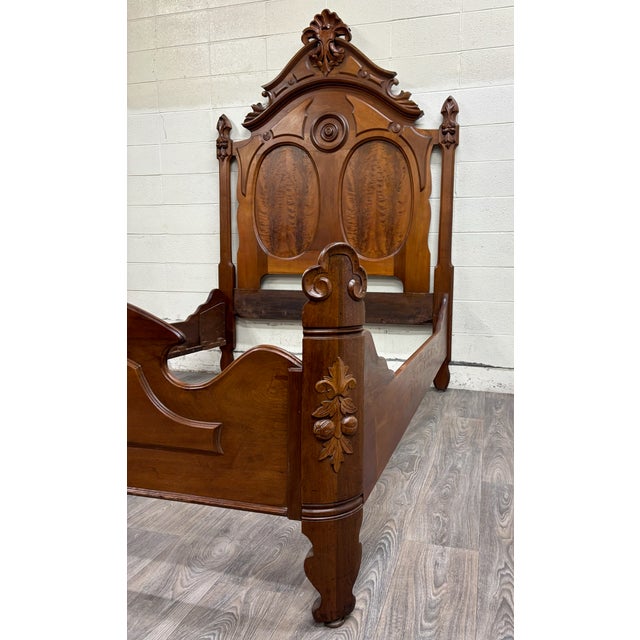Antique Full Size Victorian Eastlake Carved Walnut and Flame Mahogany Bed For Sale In Kansas City - Image 6 of 14