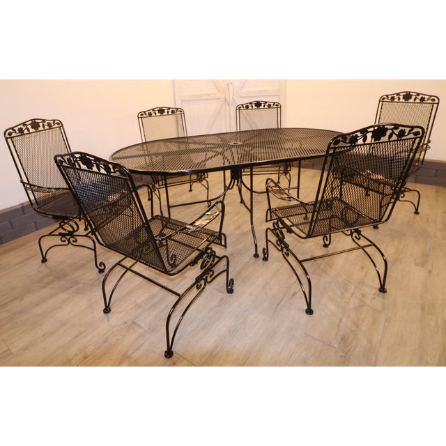 Mid 20th Century Rare Vintage Scroll Footed Wrought Iron Family Patio Set Six Chairs and Table, Attributed For Sale - Image 5 of 15