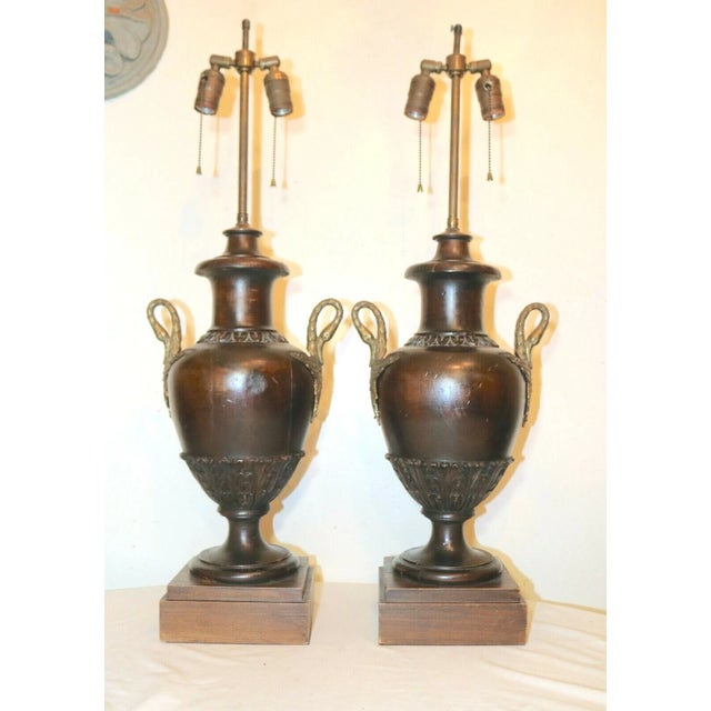 1940s 1940s Pair of 2 Large Antique Hand Carved Wood Brass Swan Sculpture Urn Style Lamps For Sale - Image 5 of 12