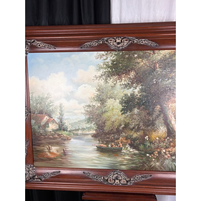 Large White Framed Vintage River Landscape Oil Painting, Ornate Carved Wood C Thomas Art For Sale - Image 4 of 12