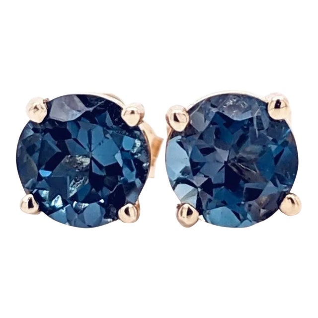 London Blue Topaz Four Prong Solitaire Studs in Solid 14k Gold - 2 Pieces For Sale