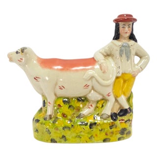 Early 20th Century Staffordshire-Style English Cow and Boy Pottery Flatback For Sale