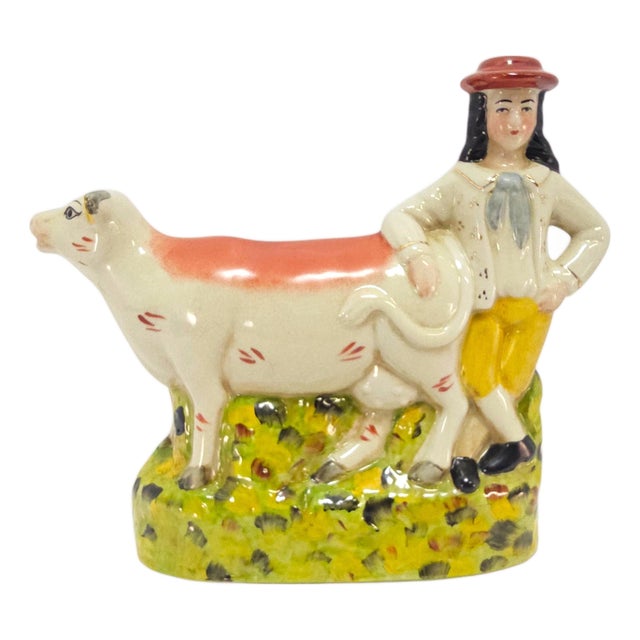Early 20th Century Staffordshire-Style English Cow and Boy Pottery Flatback For Sale