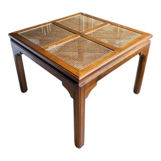 1980's Ethan Allen Classic Manor Chinese Chippendale Caned Square Side Table (Model 07-1083) For Sale