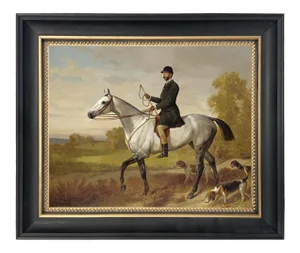 "A Huntsman With Horse and Hounds" Contemporary Reproduction Print on Canvas After Adam Emil, Framed