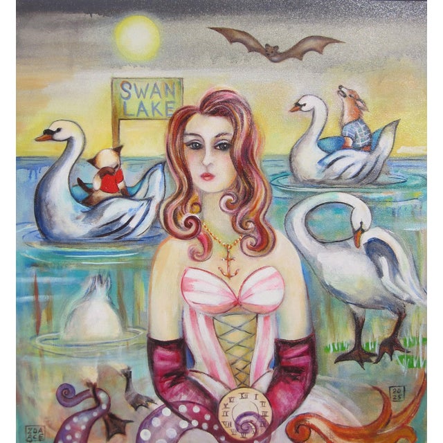 Swan Lake by Zoa Ace | Oil on canvas Woman in a pink dress with swans and animals by a lake. For Sale