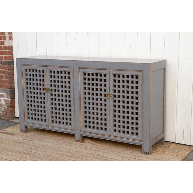Asian Long Painted Silver Gray Lattice Credenza For Sale - Image 3 of 8