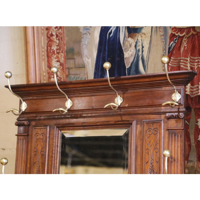 French 19th C. French Henri II Carved Walnut Hall Tree With Beveled Mirror and 8 Hooks For Sale - Image 3 of 14