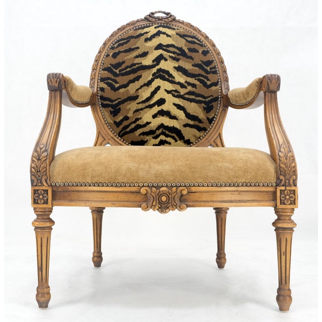 Brown Carved Round Tiger Upholstery Back Camel Mohair Seat French Arm Chair MINT For Sale - Image 8 of 12