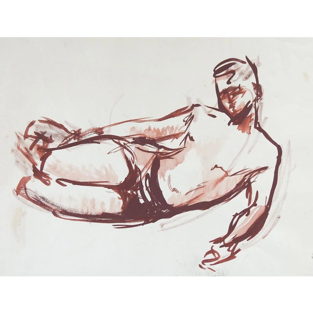 Reclining Sepia Male Figure Study Drawing For Sale