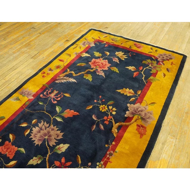 Lovely Navy Blue Background and Yellow Gold Border Color With Floral Design Antique Chinese Art Deco Rug For Sale - Image 4 of 12