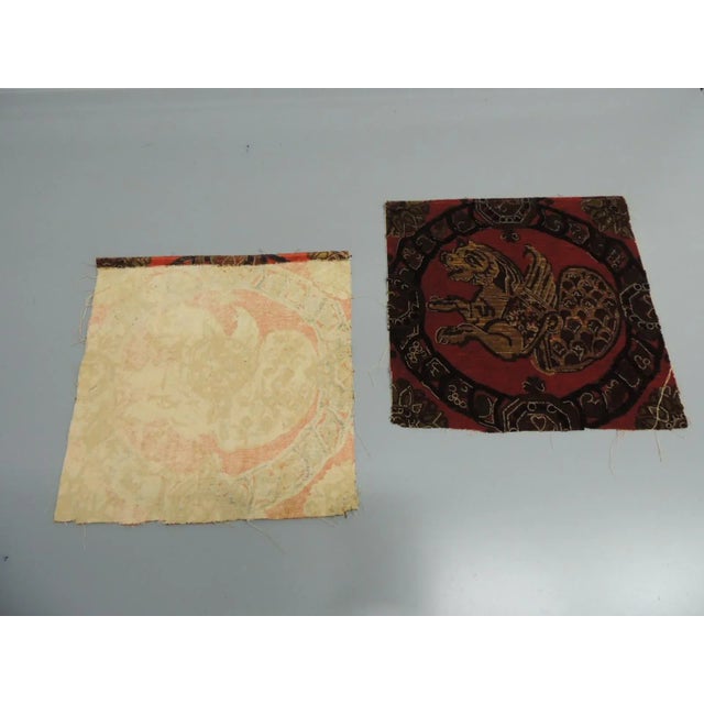 Antique Red and Brown Coat-Of-Arm Style Velvet Textile Fragments - Set of 2 For Sale - Image 4 of 5