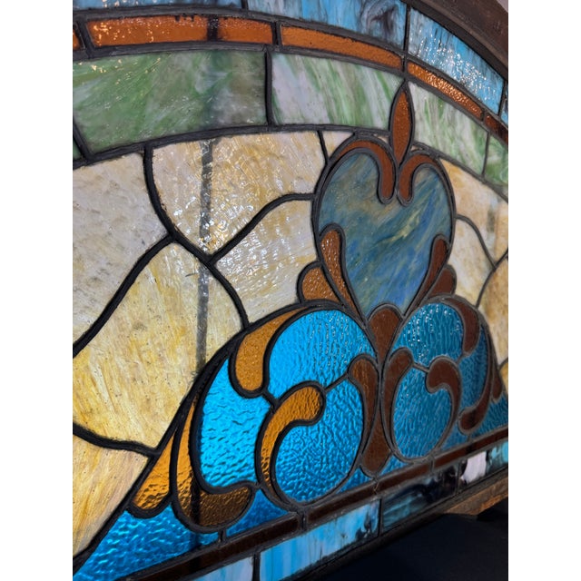 Antique Art Nouveau Arched Leaded Stained Glass Architectural Window, Circa 1890–1925 For Sale - Image 4 of 12