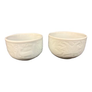 Late 20th Century Celadon Porcelain Bowls With Wildlife and Floral Raised Relief Motifs - A Pair For Sale