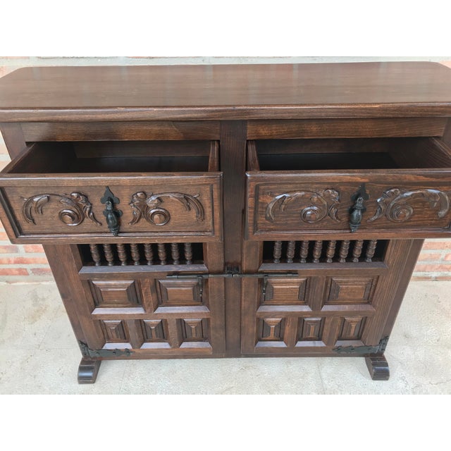 1900 - 1909 20th Century Spanish Carved Dark Walnut Tuscan Two Drawers Credenza or Buffet For Sale - Image 5 of 13