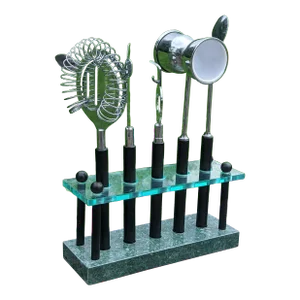 Vintage Postmodern Lucite and Faux Malachite Cocktail Bar Tools- Set of 5