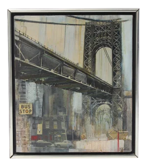 Mid-Century M. Kaplan "Manhattan Bridge" Oil on Canvas Painting