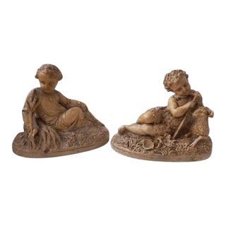 Pair of 19th Century Pastoral Shepherd Figurines, Terracotta-Patinated Ceramic. For Sale