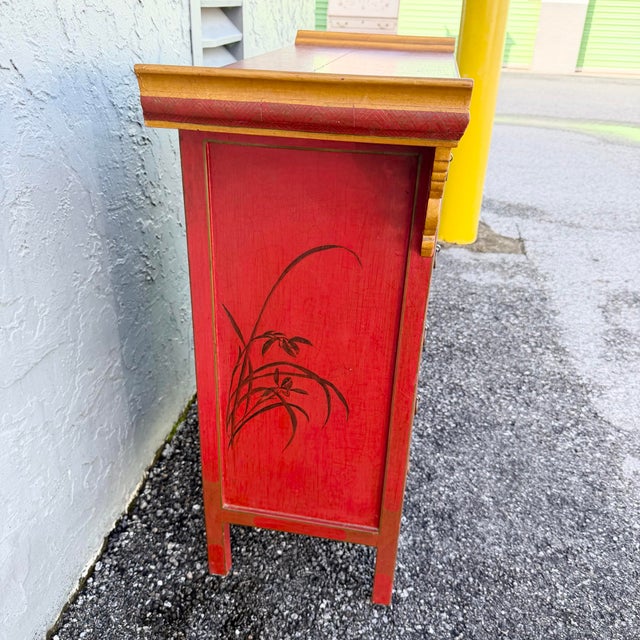 Wood Vintage Chinese Hand Painted Red Angle Apothecary Dresser For Sale - Image 7 of 9