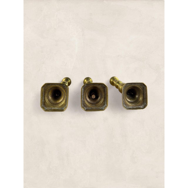 Metal Late 19th Century Antique English Victorian Brass Candlesticks, Set of Three For Sale - Image 7 of 8