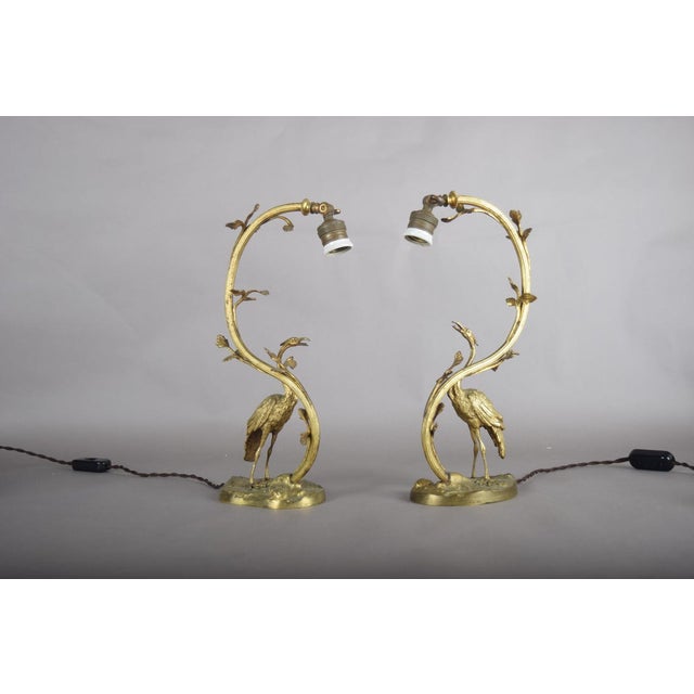 Art Deco Gilt Bronze Sculpted Crane Table Lamps with Branch and Leaf Stems, Europe, 1930s, Set of 2 For Sale - Image 11 of 17