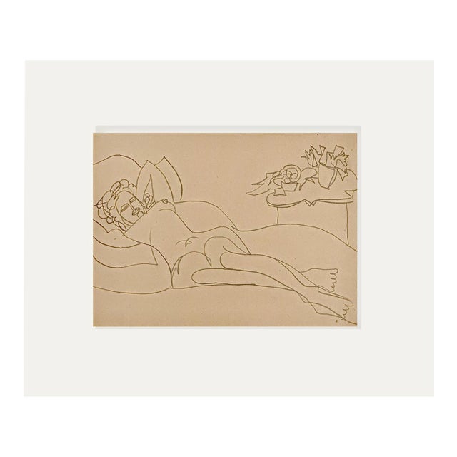 Vintage Mid-Century French Abstract Figure Drawing in Pencil on Paper With Mat For Sale